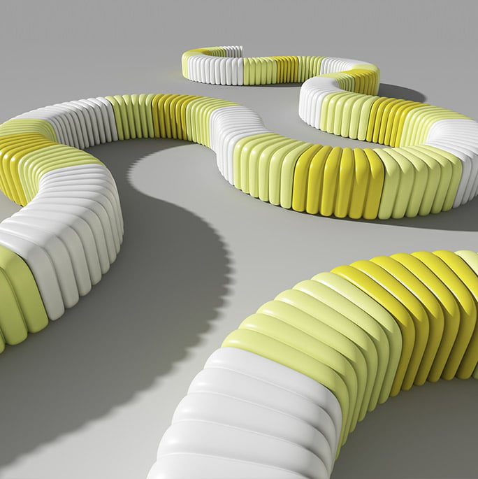 a yellow and white curved bench